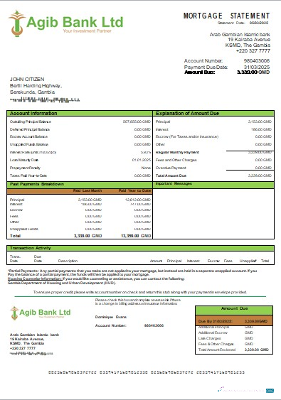 Download Gambia Arab Gambian Islamic bank mortgage statement scr Photoshop template